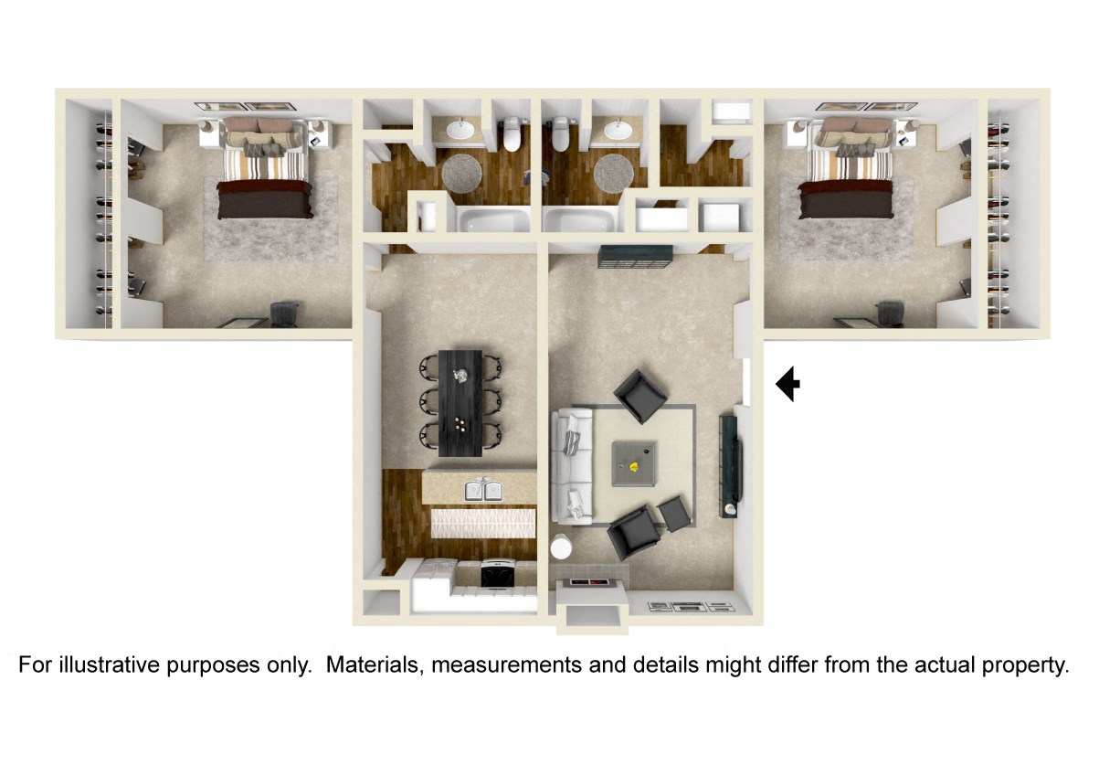 Floor plan for 2 beds, 2 baths, 1205 sqft